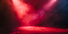 Mysterious Stage With A Single Red Spotlight, Casting Dramatic Light Through Hazy Mist 