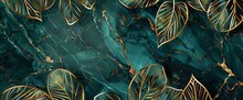 Luxury Background With Golden Line Art Leaves On Emerald Green Marble Texture. AI Generated Illustration