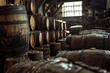 Oak barrels aging wine in a rustic cellar