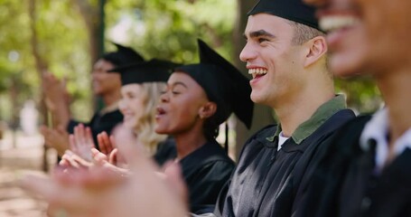 Sticker - University, students and applause at graduation at ceremony in park at outdoor campus event. Friends, achievement or happy people at college celebration for education, opportunity and congratulations