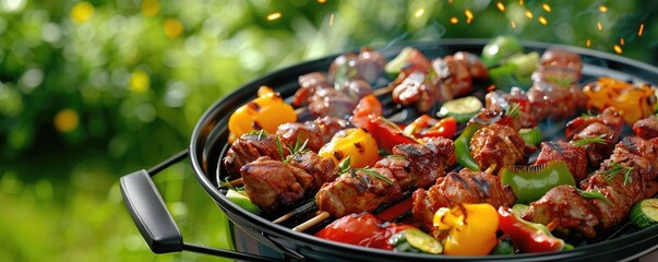Wall Mural - BBQ skewers on a grill with colorful vegetables