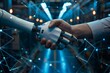 A person shakes hands with a robot in front of blue lights, symbolizing collaboration in the fourth industrial revolution using AI and machine learning