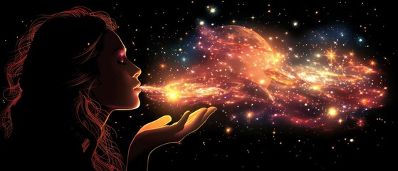 Canvas Print -  a woman blowing out a bubble in front of a space filled with stars and a bright orange and red light.