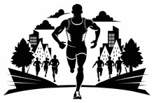 Marathon Runner Silhouette, Black And White, Front View