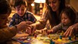 An evening of board games, with a family engrossed in fun and friendly competition.
