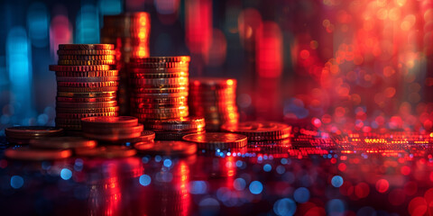Wall Mural - A pile of coins on a table with a red background