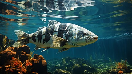 Wall Mural - Colored tropical fish swim in clear fresh water among underwater plants. concept: aquarium management, biodiversity of aquatic ecosystems and environmental activities.