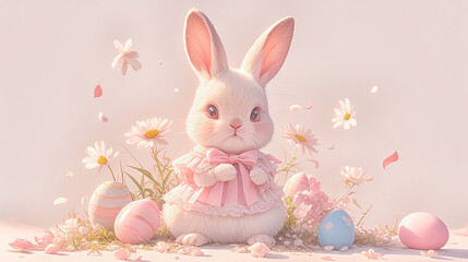 Wall Mural - Cute Easter bunny in pink dress and easter eggs.