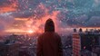 Man facing fiery skyline in a cityscape - A thought-provoking scene of a man facing a dramatic, fiery skyline over a cityscape, perhaps signifying hope or change
