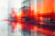 An urban abstract with translucent red blocks, conveying depth and movement through blurred edges and reflections.