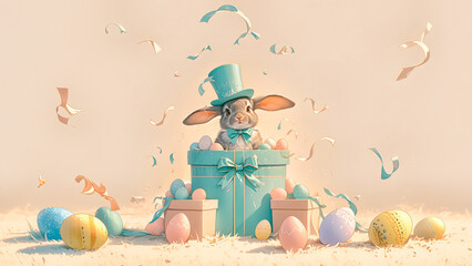 Wall Mural - Easter bunny in turquoise top hat and Easter eggs.