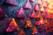 An abstract geometric wall with triangular facets in shades of purple and orange, sparkling with light.