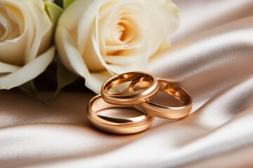 Elegant red gold wedding rings on white silk with roses and soft bokeh, space for text