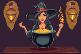 Fototapeta Boho - A beautiful witch in a black dress and hat brews a fire potion in a cauldron.