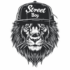 Wall Mural - Lion head in a baseball cap with the inscription - street boy. Vector illustration for your design