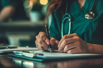 female doctor writing closeup, female doctor writing prescription closeup, female doctor closeup, doctor writing on a paper, female doctor closeup