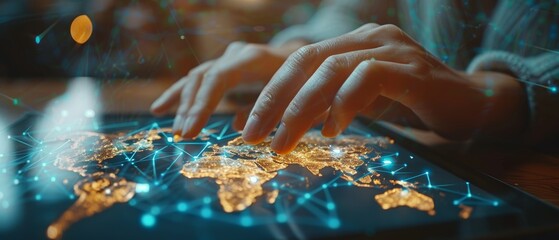 Leinwandbilder - Using a modern tablet computer in a modern office with a virtual icon diagram in the hand of a businessman