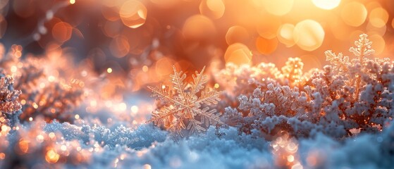 Aufkleber - Embedded snowflakes on snow with bokeh of Christmas lights - real snowdrift and acrylic crystals