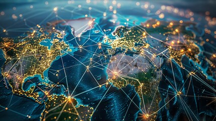 Aufkleber - Manager who plans the distribution of goods worldwide on a virtual screen. Distribution network map. Global online ordering. Fast or instant shipping.