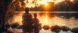 Picture of father and son sitting together on rocks fishing with rods in calm lake waters. They are both wearing checkered shirts.