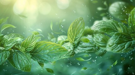 Canvas Print - A light breeze blowing from mint leaves provides a menthol aroma to the air. Modern illustration for organic herbal tea and fresheners.