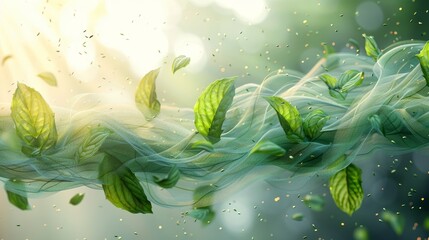 Aufkleber - Flow of fresh air. Blown by an air conditioner, purifier, or humidifier. Abstract light effect with mint leaves and blurred wave motion.