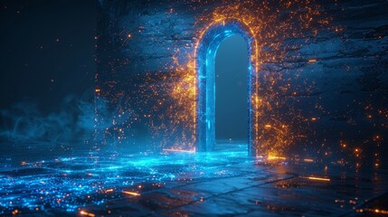 Aufkleber - Future science fiction doorway design with a polygonal wireframe glowing style. Modern illustration on a blue background.