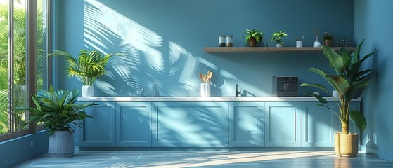 Fototapete - 3D rendering of a kitchen with a blue island. White countertops and utensils. Bright, open kitchen with working space. Set of 3D illustrations.