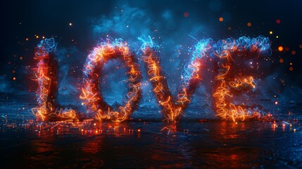 Poster - Heart-shaped word love with abstract geometric background. Wireframe light structure. Modern 3D graphics concept. Modern illustration.