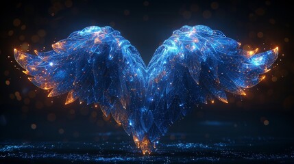Poster - A flying blue heart with wings. Happy Valentine's Day card. Abstract geometric background. Wireframe light structure. Modern illustration. Modern 3D graphic concept.