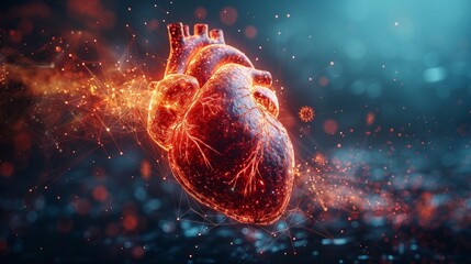 Fototapete - Virus attacking a red human heart behind a futuristic guard shield. Healthcare medical concept. Low poly style Geometric background Wireframe connection structure Modern symbol.