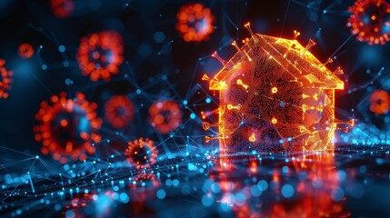 Fototapete - A modern 3D graphic modern of an abstract house icon behind a blue futuristic guard shield attacking by red viruses. Low poly style. Blue geometric background. Wireframe connections.