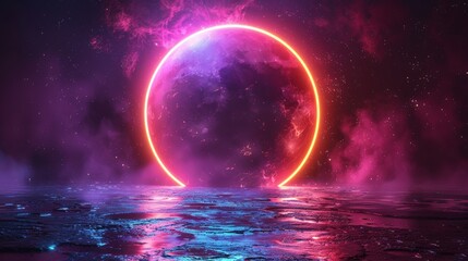 Poster - The neon color circle has an abstract style. Futuristic neon frame modern illustration.