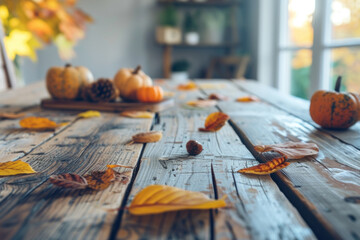 Sticker - Autumnal Setting with Fallen Leaves and Pumpkins on Rustic Wooden Table in Soft Light