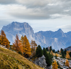 Wall Mural - Cloudy morning autumn alpine Dolomites mountain scene. Peaceful view near Valparola and Falzarego Path, Belluno, Italy.