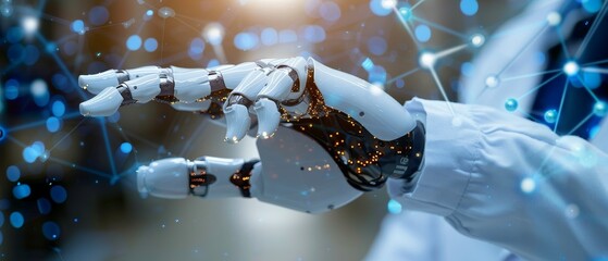 Aufkleber - Using robotic hands with artificial intelligence for medical healthcare, an integrated human and AI concept, with blue banner background and graphical icon display.