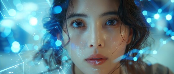 Aufkleber - A young Asian woman sits in front of a hologram screen watching business technology.