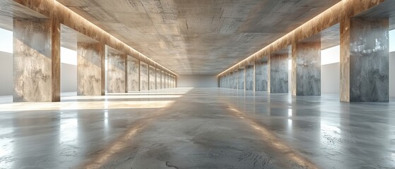 Sticker - A 3D rendering of concrete architecture featuring a car park and an empty cement floor.