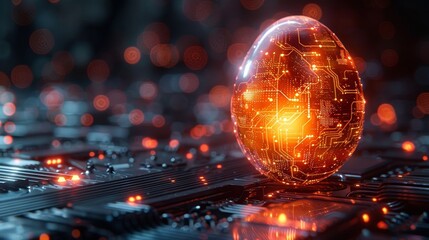 Leinwandbilder - Greeting card with abstract 3D egg with circuit board texture in tech futuristic style. Glowing digital modern illustration.