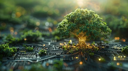 Leinwandbilder - Modern illustration of a digital environment in futuristic polygonal style. Glowing neon tree against circuit board background. Modern illustration of future technology growth.
