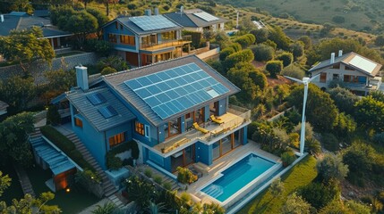 Poster - Sustainable resources concept: solar panels on the roof of a house and wind turbines around