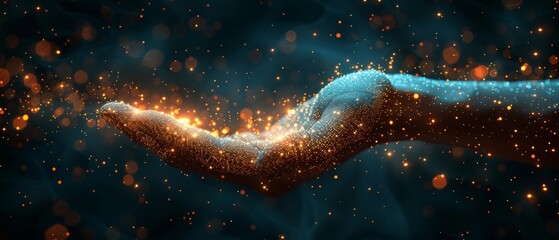 Poster - Isolated polygonal hand throwing coins on dark background. Business finance concept. Low poly  illustration of a starry sky or Comos.