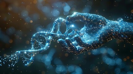 Poster - An abstract blue hand gives a signal with a flying 3D DNA molecule helix. A genetic engineering concept for gene editing and genetic biotechnology. A graphic geometric style. A wireframe light