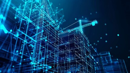 Aufkleber - Wireframe building under a dark blue night sky, with dots and stars. Concept illustration or background for construction, architecture or development.