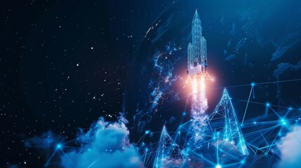 Leinwandbilder - Intense rocket launch with clouds of smoke, low poly style. Abstract geometric background. Wireframe light connection structure. Modern 3D graphic concept. Isolated  illustration.