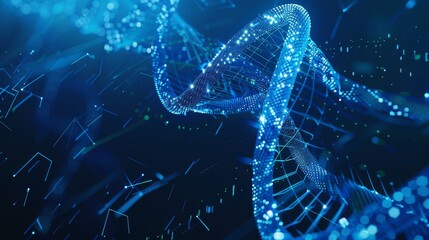 Poster -  illustration or background of DNA. Abstract polygonal wireframe DNA molecule spiral in blue color. Medical science, genetic biotechnology, chemistry biology, gene cell design concept.
