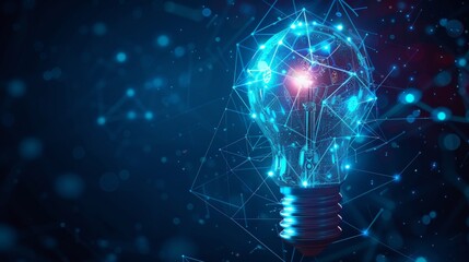 Leinwandbilder - A blue glowing light bulb with gears inside. Machine learning and AI concept. Abstract geometric background. Wireframe light connection structure. Modern 3D graphic .