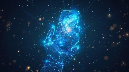 Fototapete - In handphone. Abstract low-poly wireframe  technology illustration. Starry sky and cosmos style in blue. Screen and arm palm of gadget. Digital concept of gadgets and devices themes.
