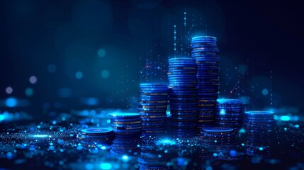 Leinwandbilder - A pile of coins with falling coins. Money saving concept. Low poly style design. A blue geometric background. Wireframe light connection structure. Graphite illustration.