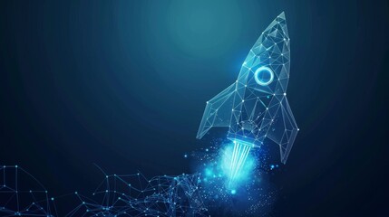 Leinwandbilder - Rocket launch with abstract blue glowing light bulb design. Abstract geometric background. Wireframe light connection structure. 3D graphic concept. Isolated  illustration.